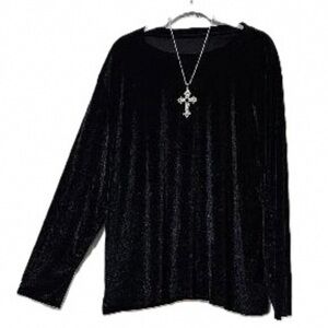 Black Long Sleeve Velvet Top - Women